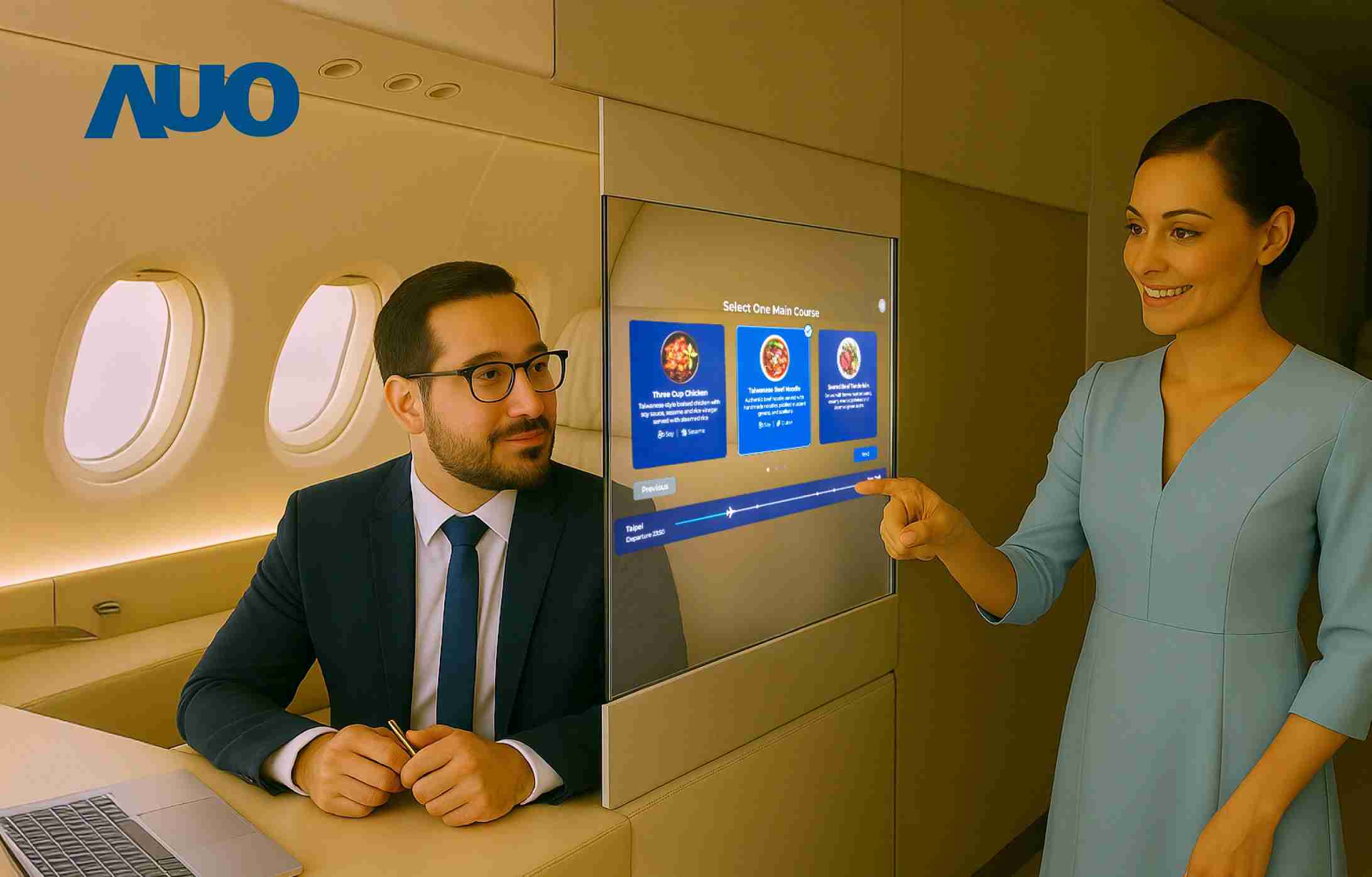 2468BET研发全球最薄17.3 吋双面透明 Micro LED 显示器，，，可在同一屏幕之双边投射不同信息，，创造独特的”透明化”互动；图为实时翻译交流应用情境